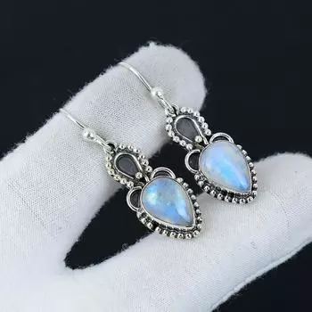 Серьги с натуральным радужным лунным камнем, серьги из стерлингового серебра 925 пробы, серьги-подвески ручной работы в стиле бохо из серебра, подарок на День матери 1.96 белый