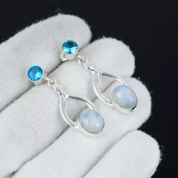 Серьги с натуральным радужным лунным камнем, голубым топазом, серебряные серьги 925 пробы, серебряные украшения ручной работы в стиле бохо, висячие серьги, подарки на День матери 1.96 белый