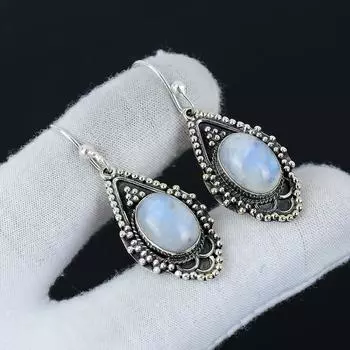 Серьги с натуральным радужным лунным камнем, серьги из стерлингового серебра 925 пробы, серьги-подвески из серебра ручной работы в стиле бохо, пасхальные подарки 1.96 белый