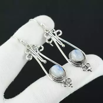 Серьги с натуральным радужным лунным камнем, серьги из стерлингового серебра 925 пробы, серьги-подвески из серебра ручной работы в стиле бохо, подарок для мамы 2.55 белый