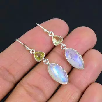 Серьги с натуральным радужным лунным камнем и цитрином, твердое серебро 925 пробы, ювелирные изделия ручной работы, висячие серьги, подарок на день Святого Валентина для нее