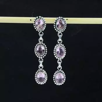 Серьги с натуральным розовым драгоценным камнем кунцит, серьги из стерлингового серебра 925 пробы, серьги-подвески ручной работы в стиле бохо из серебра, подарок на Пасху 2.75 розовый