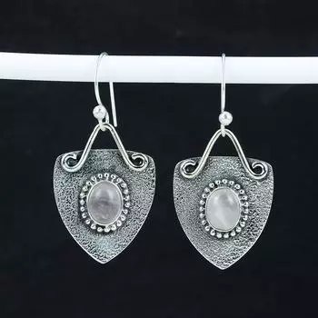 Серьги с натуральным розовым кварцем, серьги из стерлингового серебра 925 пробы, серьги-подвески из серебра ручной работы в стиле бохо, подарок на Пасху 2.16 розовый