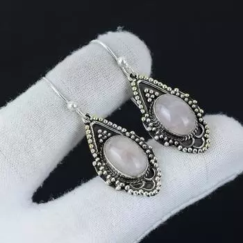 Серьги с натуральным розовым кварцем, серьги из стерлингового серебра 925 пробы, серьги-подвески из серебра ручной работы в стиле бохо, подарки на День благодарения 1.96 розовый