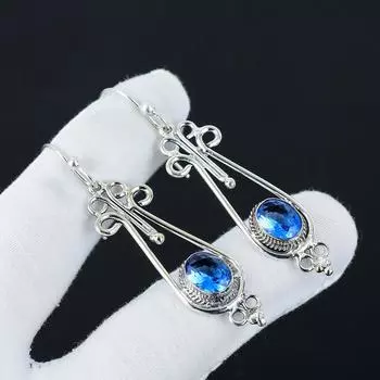 Серьги с натуральным швейцарским голубым топазом, серьги из стерлингового серебра 925 пробы, серьги-подвески из серебра ручной работы в стиле бохо, подарки из ваты 2.55 синий