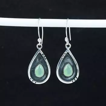 Серьги с натуральным зеленым халцедоном, серьги из стерлингового серебра 925 пробы, серьги-подвески из серебра ручной работы в стиле бохо, подарок на день рождения 1.77 зелёный