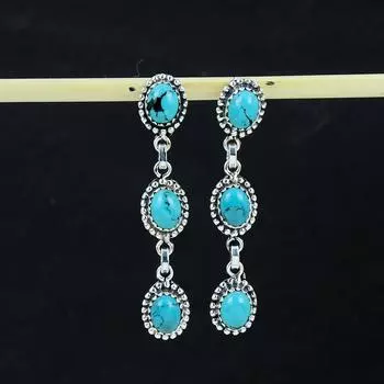 Серьги с натуральными бирюзовыми камнями, серьги из стерлингового серебра 925 пробы, серьги-подвески из серебра ручной работы в стиле бохо, подарок из ваты 2.75 зелёный