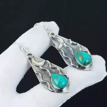 Серьги с натуральными бирюзовыми камнями, серьги из стерлингового серебра 925 пробы, серьги-подвески из серебра ручной работы в стиле бохо, подарок жене из ваты 2.55 синий