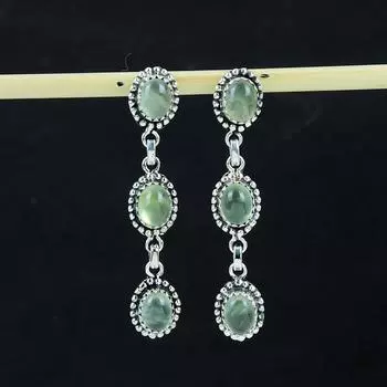 Серьги с натуральными драгоценными камнями пренит, серьги из стерлингового серебра 925 пробы, серьги-подвески из серебра ручной работы в стиле бохо, подарок на вечеринку 2.75 зелёный