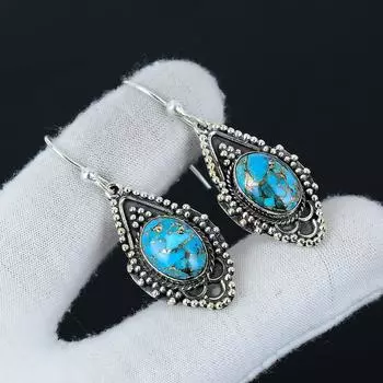 Серьги с натуральными драгоценными камнями из голубой меди и бирюзы, серьги из стерлингового серебра 925 пробы, серьги-подвески из серебра ручной работы в стиле бохо, подарки на день рождения 1.96 синий