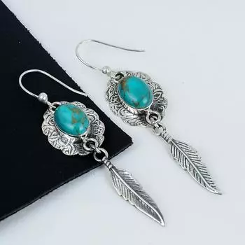 Серьги с натуральными драгоценными камнями из аризонской бирюзы, серьги из стерлингового серебра 925 пробы, серьги-подвески из серебра ручной работы в стиле бохо, подарок на день рождения 2.75 синий