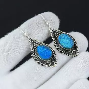 Серьги с натуральными титановыми друзами, серьги из стерлингового серебра 925 пробы, серьги-подвески из серебра ручной работы в стиле бохо, подарки на помолвку 1.96 синий