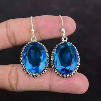 Серьги с ограненным швейцарским голубым топазом, винтажные серьги из драгоценных камней, серьги из стерлингового серебра 925 пробы, антикварные ювелирные изделия, серьги ручной работы, подарки на помолвку