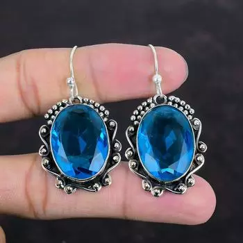 Серьги с ограненным швейцарским голубым топазом, ювелирные изделия ручной работы из драгоценных камней, серьги из стерлингового серебра 925 пробы, ювелирные изделия из швейцарского голубого топаза, висячие серьги, подарки для нее