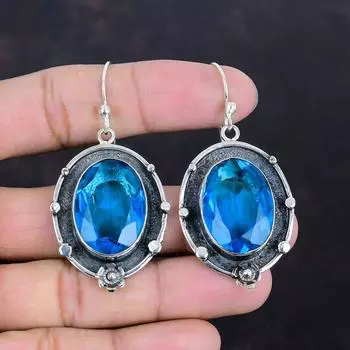 Серьги с ограненным швейцарским голубым топазом, серьги из стерлингового серебра 925 пробы, абсолютно новые серьги ручной работы, антикварные ювелирные изделия, серьги с драгоценными камнями, подарки на годовщину
