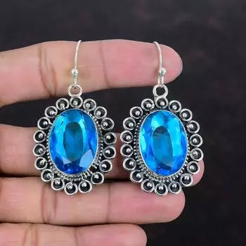 Серьги с ограненным швейцарским голубым топазом, серьги из стерлингового серебра 925 пробы, достойные ювелирные изделия, серьги с настоящими драгоценными камнями, ювелирные изделия из швейцарского голубого топаза, серьги ручной работы