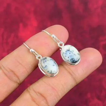 Серьги с опалом и дендритом, ювелирные изделия из чистого серебра 925 пробы с драгоценными камнями, серьги ручной работы на День благодарения 1.50 Inches белый