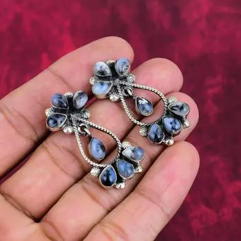 Серьги с опалом и дендритом, ювелирные изделия из чистого серебра 925 пробы с драгоценными камнями, серьги ручной работы на День благодарения 1.65 Inches синий