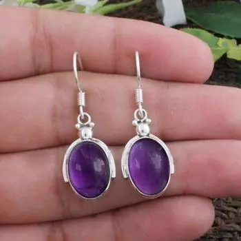 Серьги с овальным аметистом - Серьги ручной работы - Серьги из цельного серебра 925 пробы