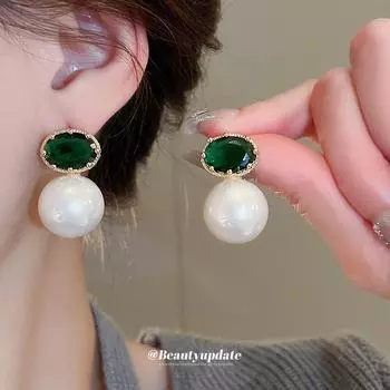 Серьги с овальным жемчугом из позолоченного серебра и циркония для женщин — ретро, модный, роскошный дизайн высокого класса Silver Needle, Real Gold Plating зелёный