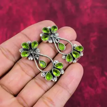 Серьги с перидотом, драгоценные камни, серьги ручной работы из цельного серебра 925 пробы, ювелирные изделия последнего дизайна 1.65 Inches зелёный