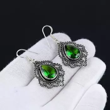 Серьги с перидотом, серьги с драгоценными камнями, старинные серебряные серьги с драгоценными камнями перидота, ювелирные изделия из цельного серебра 925 пробы, серьги с драгоценными камнями для нее 1.57 зелёный