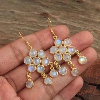 Серьги с подвесками из желтого золота с лунным камнем, ювелирные изделия ручной работы из 100% стерлингового серебра 925 пробы золотой/жёлтый