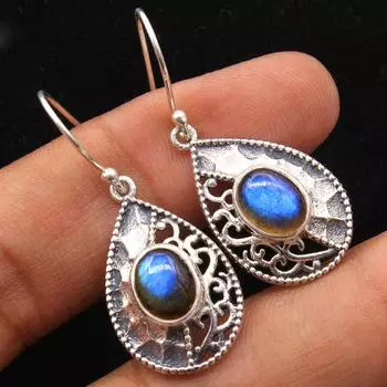 Серьги с подвесками ручной работы, лабрадорит, аметист, зеленый оникс, лунный камень, драгоценный камень, серебро 925 пробы синий