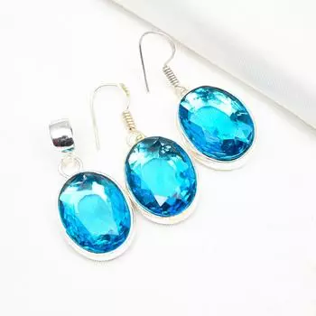Серьги с подвеской из голубого топаза, комплект ювелирных изделий, кулон из стерлингового серебра 925 пробы, серьги ручной работы с камнями по дате рождения в подарок для него 1.49 Inches синий