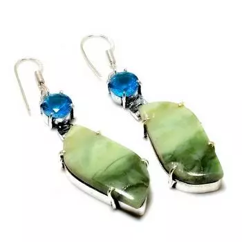 Серьги с покрытием из серебра 925 пробы, швейцарский зеленый опал, синий топаз, 2,27 дюйма