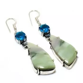 Серьги с покрытием из серебра 925 пробы, швейцарский зеленый опал, синий топаз, 2,27 дюйма