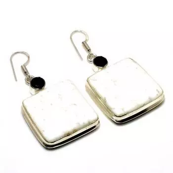 Серьги с покрытием из серебра 925 пробы, черная шпинель, говлит, яшма, 2,00 дюйма