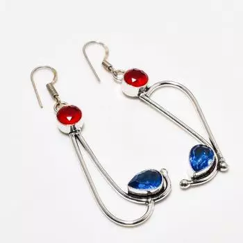 Серьги с покрытием из серебра 925 пробы, голубой топаз Лондон, гранат, 2,46 дюйма