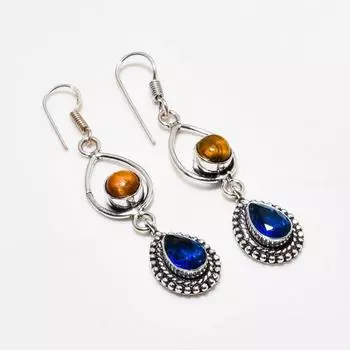 Серьги с покрытием из серебра 925 пробы с топазом London Blue и тигровым глазом, 2,38 дюйма