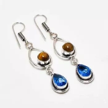 Серьги с покрытием из серебра 925 пробы с топазом London Blue и тигровым глазом, 2,27 дюйма