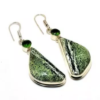 Серьги с полосатым зеленым опалом Цаворитом, посеребренные 925 пробы, 2,27 дюйма