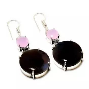 Серьги с полосками агата, розового халцедона, посеребренные 925 пробы, 1,89 дюйма