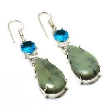 Серьги с полосками зеленого опала, синего топаза, посеребренные 925 пробы, 2,08 дюйма