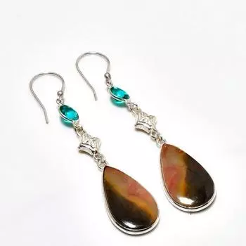 Серьги с посеребрением 925 пробы и драгоценным камнем Bumble Bee Jasper, голубым топазом, 2,84 дюйма