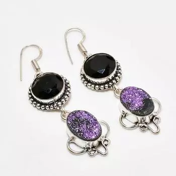 Серьги с посеребрением 925 пробы и титановыми друзами, черная шпинель, 2,27 дюйма