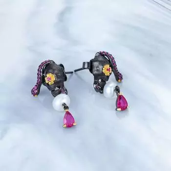 Серьги с пресноводным жемчугом и рубином, модные нишевые серьги, серебро 925 пробы, темный стиль, серьги с черепом, новый стиль для женщин 925 silver