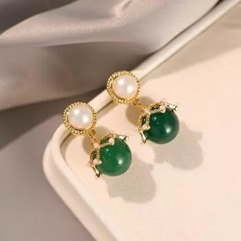Серьги с пресноводным жемчугом и зеленым агатом, серьги элитного дизайна, легкие роскошные серьги. 18K