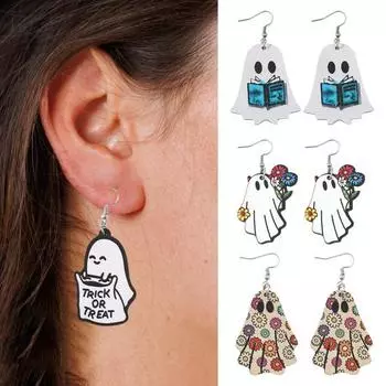 Серьги с привидениями на Хэллоуин для женщин Серьги с книгами в виде деревянного привидения и цветов Украшения для вечеринок «Угощение или трюк» Аксессуары для декора на Хэллоуин B