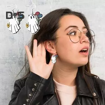 Серьги с привидениями на Хэллоуин для женщин Серьги с книгами в виде деревянного привидения и цветов Украшения для вечеринок «Угощение или трюк» Аксессуары для декора на Хэллоуин B