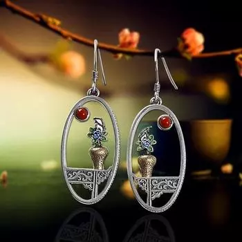 Серьги с яркими цветами, дизайнерские серьги с эмалью и цветком из серебра 925 пробы, полый круглый дизайн, висячие серьги с резным узором