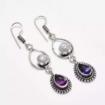 Серьги с радужным лунным камнем, аметистом, посеребренные 925 пробы, 2,38 дюйма