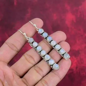Серьги с радужным лунным камнем, драгоценные камни, серьги из цельного серебра 925 пробы, красивые ювелирные серьги ручной работы 2.91 Inches белый