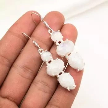 Серьги с радужным лунным камнем, драгоценные камни, серьги из цельного серебра 925 пробы, красивые ювелирные серьги ручной работы 2.08 Inches белый