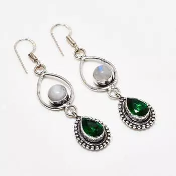 Серьги с радужным лунным камнем и диопсидом 925 пробы, посеребренные, 2,38 дюйма