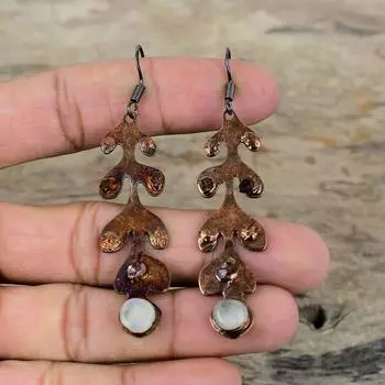 Серьги с радужным лунным камнем, медные серьги с гальванопластикой, грубые серьги с розовым турмалином, настоящие драгоценные камни, подарок для женщин, серьги ручной работы